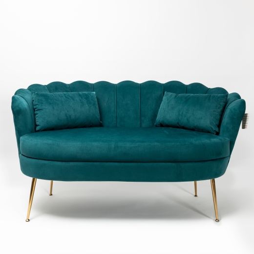 Sofia Scalloped Emerald Teal Blue Velvet Sofa with Gold Legs