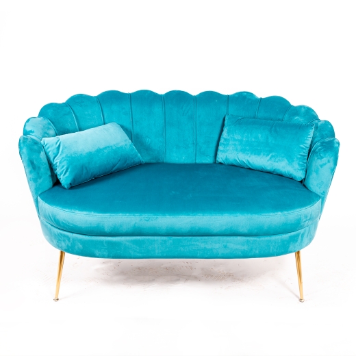 Sofia Scalloped Sea Blue Velvet Sofa with Gold Legs 