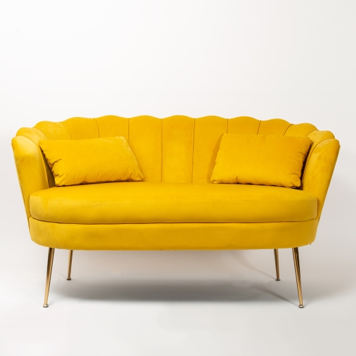 Sofia Scalloped Mustard Velvet Sofa with Gold Legs