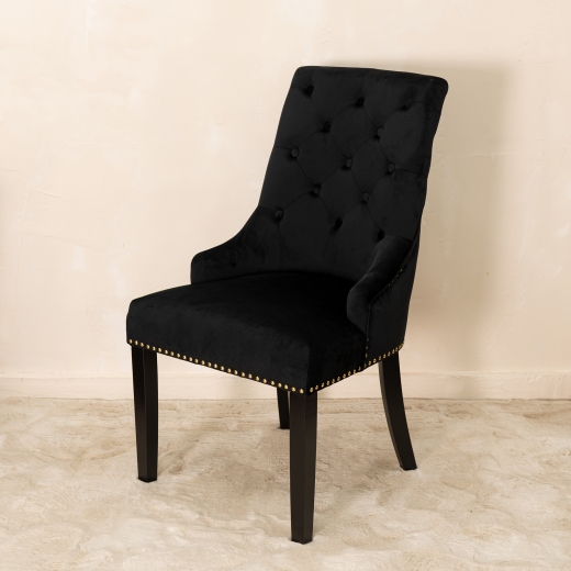 Black Velvet Dining Chair with Gold Chrome Knocker and Studs