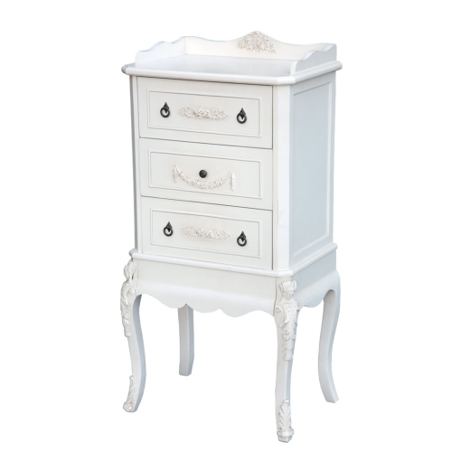Boudoir Provence Antique White 3 Drawer Tall Bedside Cabinet