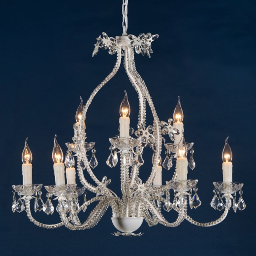 White Enamel & Clear Crystal Glass 9 Arm 2 Tier Large Chandelier Ceiling Light