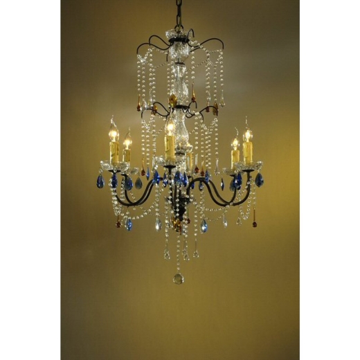 Vintage Bronze Clear Amber & Blue Crystal Tall 6 Arm Chandelier 64 x 93cm