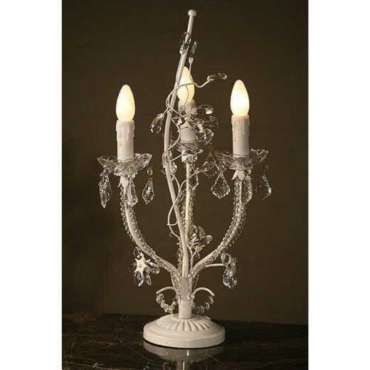 White Enamel Three Arm Candelabra Table Lamp with clear crystal W28 x H67 cm