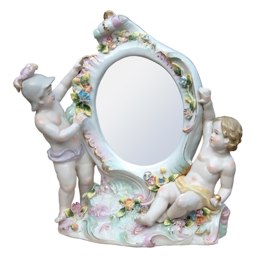 Floral Cherub Antique Style Ceramic Oval Decorative Table Mirror 35 x 40cm