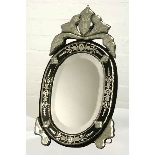 Venetian Oval Black & Clear Etched Bevelled Table or Wall Mirror 30 x 50cm