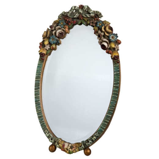 Barbola Floral Handpainted Oval Bevelled Decorative Table or Wall Mirror  35 x  57cm