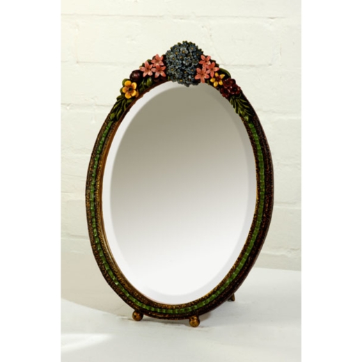 Barbola Floral Handpainted Oval Bevelled Decorative Table or Wall Mirror 36 x 49cm