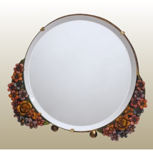 Barbola Floral Handpainted Round Table or Wall Bedroom Mirror 25 x 21cm