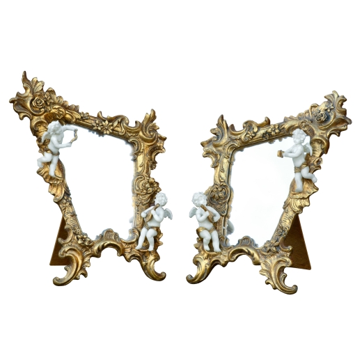 2 Rococo Baroque Style Gold Gilt Leaf Bevelled Table Mirrors with Cherubs