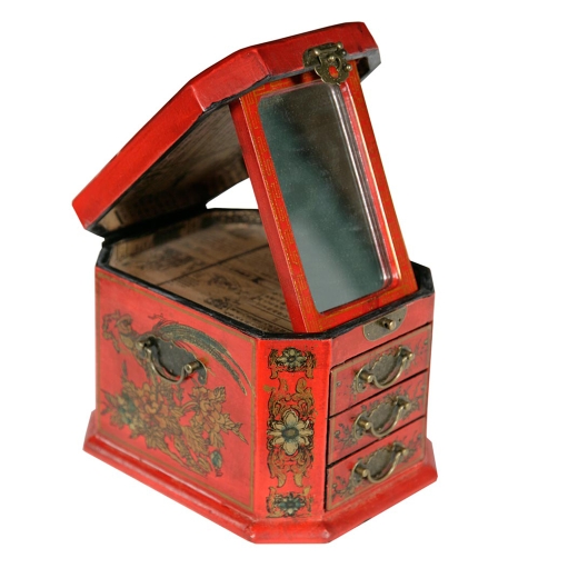 Lou Lan Red Leather Chinoiserie  Jewellery Box