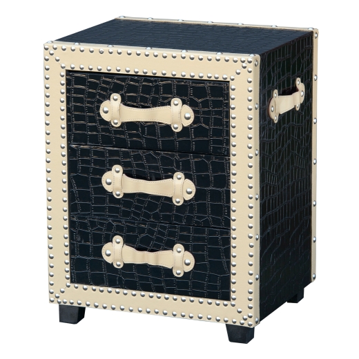 Moc Croc Black & Cream Metal Studs 3 Drawer Bedside Cabinet 47 x 38 x 60cm