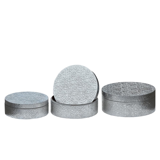 Chaandhi Kar Silver Metal Embossed Circular Hat Boxes - set of 3