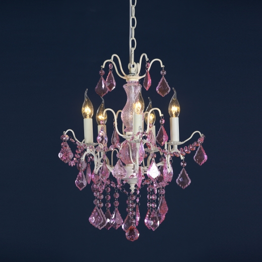 Charlotte Cream & Pink Glass Crystal French 5 Arm Chandelier Light 32x42cm