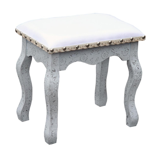 Chaandhi Kar White-Silver Metal Embossed Bedroom Dressing Table Stool