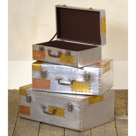 Industrial Aluminium & Copper Style Set of 3 Storage Trunks/Cases