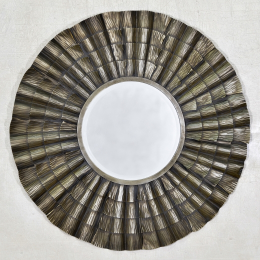 Silver Layered Metal Framed Round Architectural Statement Mirror 102x102cm