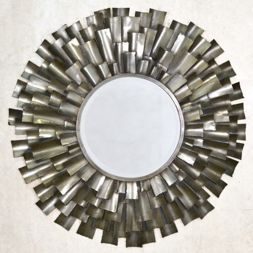 Shards of Silver Sunburst Round Metal Statement Overmantle Mirror 98x98cm 