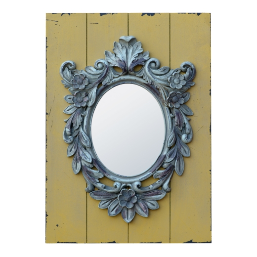 Rococo Style Antique Grey Oval Decorative Wall Mirror on Distressed Wood