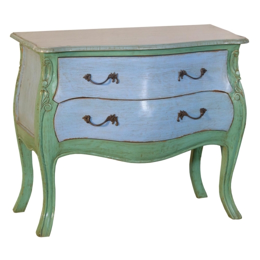 Antique Shabby Chic Distressed Green and Blue Bombé Chest of 2 Drawers