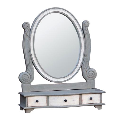 Isabella Hand Carved Wood Grey & White Dressing Table Mirror with Drawers