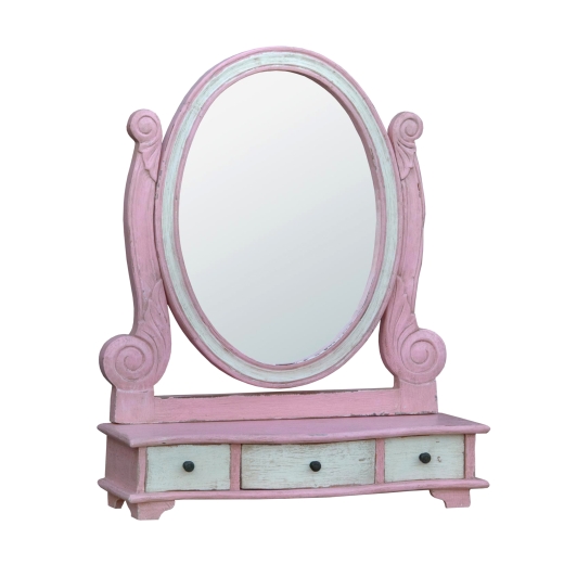 Isabella Hand Carved Wood Pink & White Dressing Table Mirror with Drawers