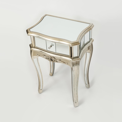 Annabelle French Champagne Silver Gilt Mirrored One Drawer Bedside