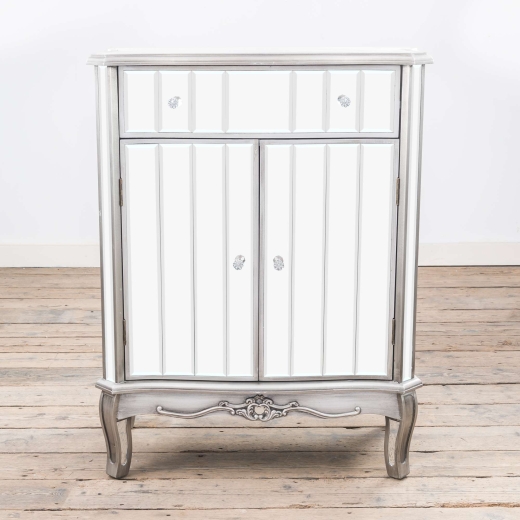 Annabelle French Antique Silver Paint Mirrored Cabinet with Cupboard and One Drawer