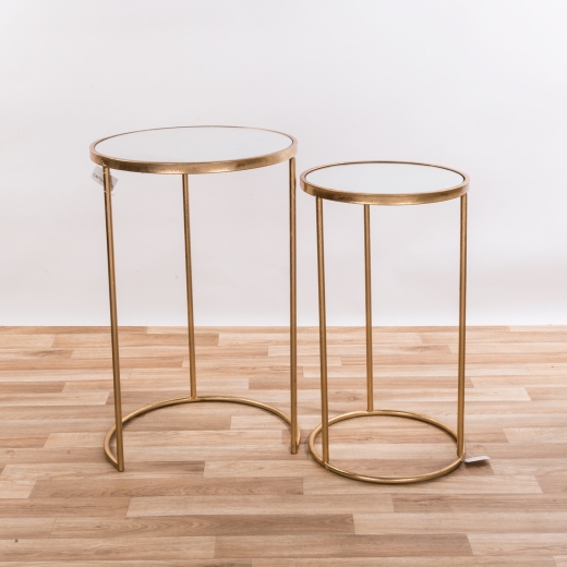 Gold Gilt Leaf Parisienne Metal Set of Two Round Mirrored Nesting Tables