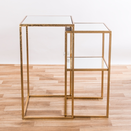 Gold Gilt Leaf Parisienne Metal Set of two Mirrored Nesting Tables