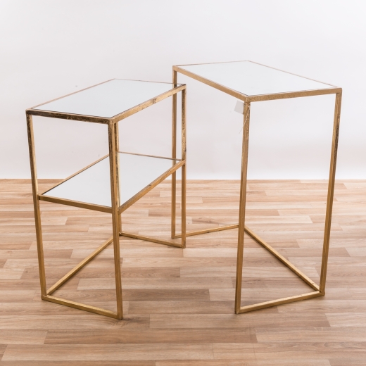 Gold Gilt Leaf Parisienne Metal Set of Two Rectangular Mirrored Nesting Tables