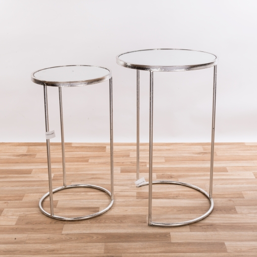 Silver Gilt Leaf Parisienne Metal Set of Two Round Mirrored Nesting Tables