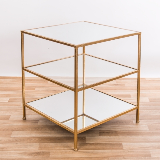 Gold Gilt Leaf Parisienne Metal Mirrored Three Shelf Side Table