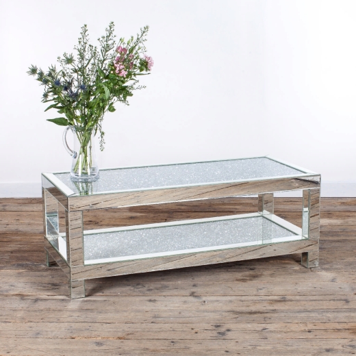 Venetian Crushed Diamond Mirrored Coffee Table With Shelf