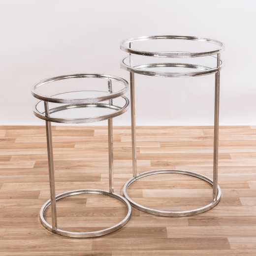 Silver Gilt Leaf Parisienne Metal Set of Two Round Mirrored Nesting Tables EXTRA PACKING