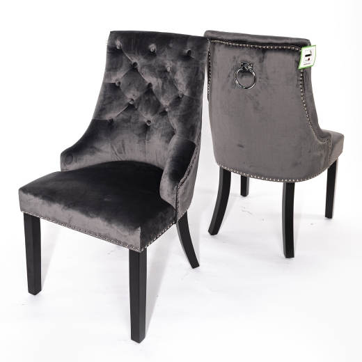 Dark Gray Velvet Dining Chair With Knocker and Dark Oak legs