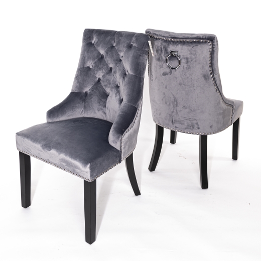New Gray Velvet Dining Chair With Knocker and Dark Oak legs