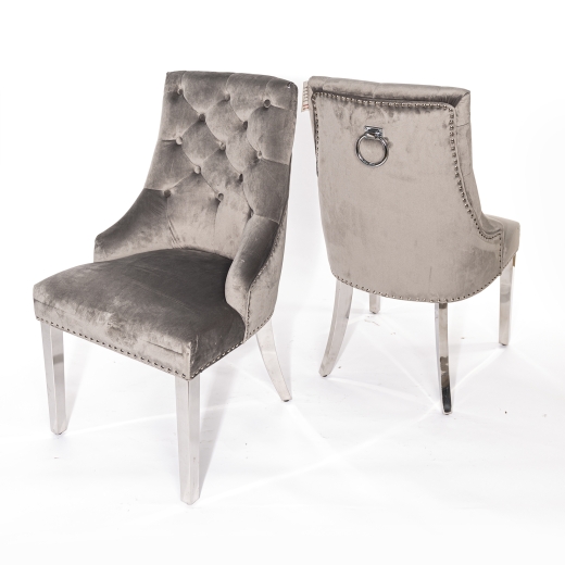 Light Gray Velvet Dining Chair With Knocker and Chrome legs