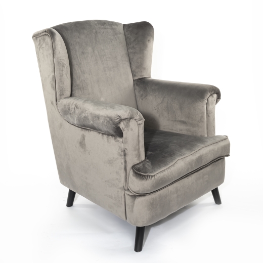 Light Gray Velvet Arm Chair With Dark Oak legs