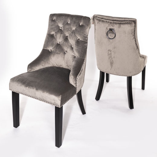 Light Gray Velvet Dining Chair With Knocker and Dark Oak legs