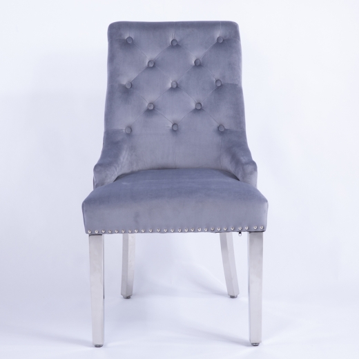 New Gray Velvet Dining Chair With Knocker and Chrome legs